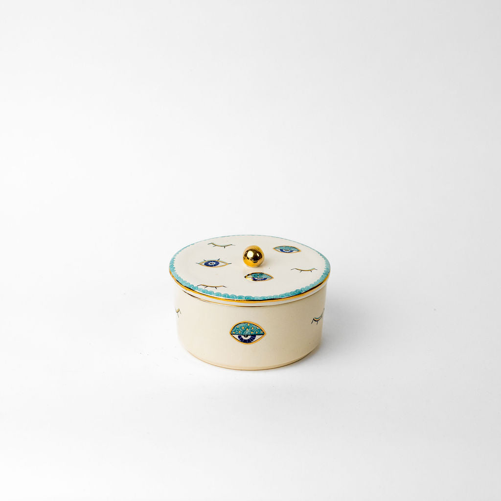 Round Blue Eye Canister Gold Lid