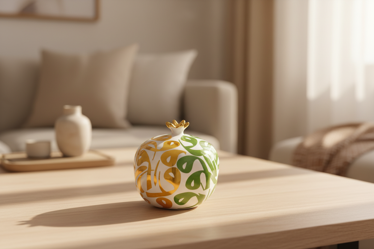 White, Gold And Green "V" Calligraphy Pomegranate