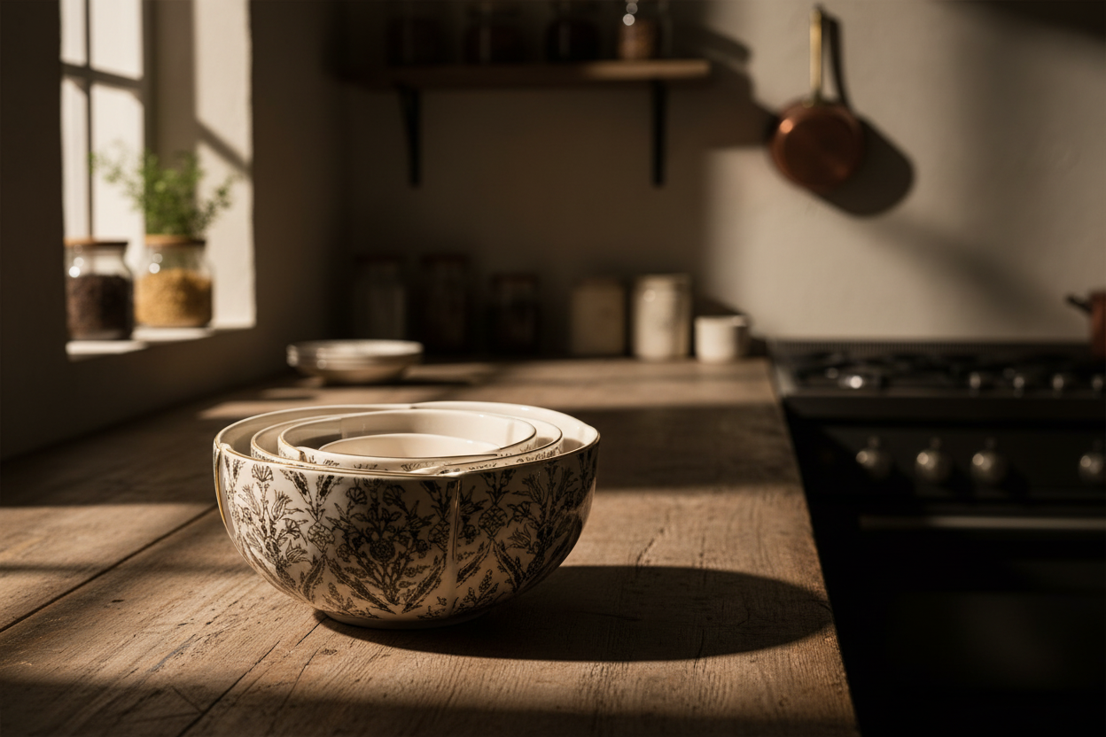 Stacked ceramic bowls with white base and black floral patterns, with gold accents on the edges.