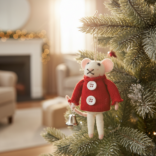 Red Sweater Mouse with Bell In Hand Ornament