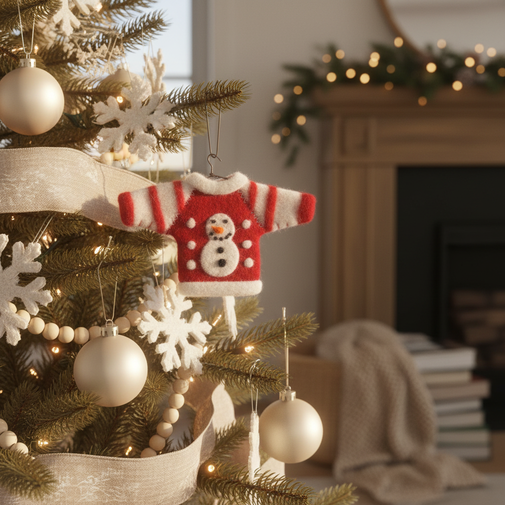 Red And White Snow Man Wool Sweater Ornament