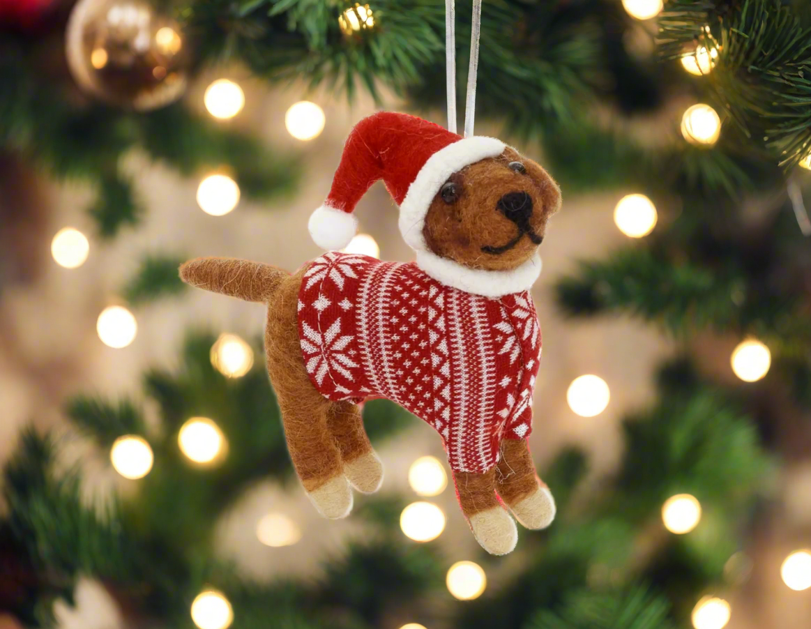 Wool Dog Ornament With Red Christmas Sweater