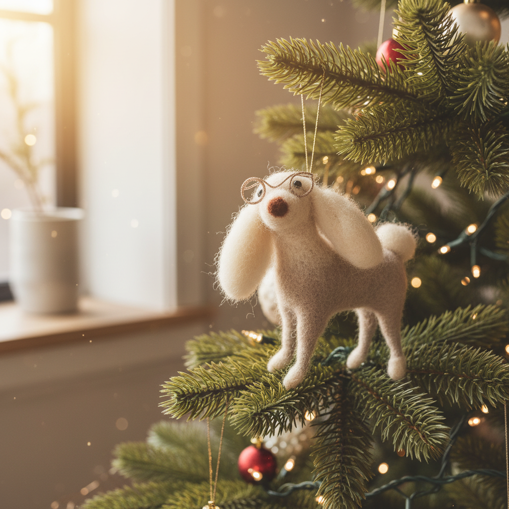 Wool White Dog with Glasses Ornament