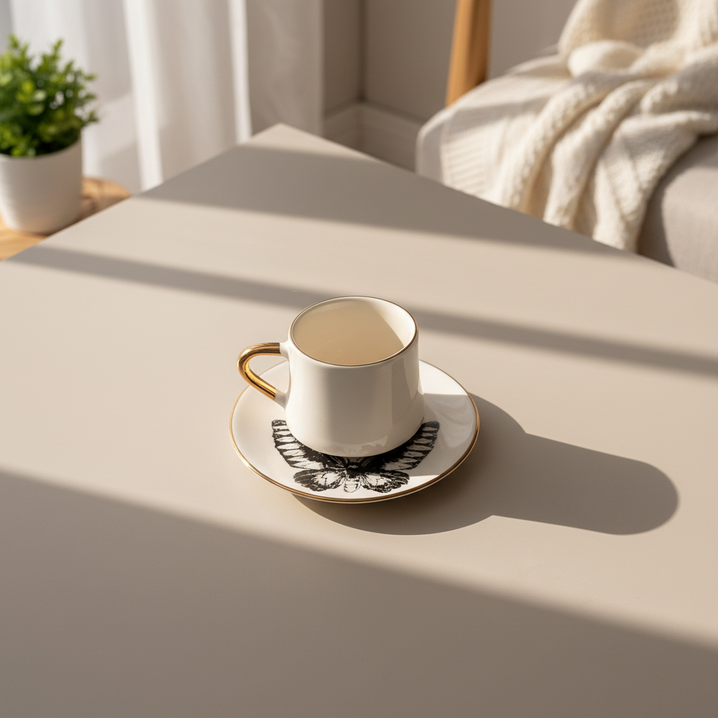 White And Gold Tea Cup With Butterfly Saucer
