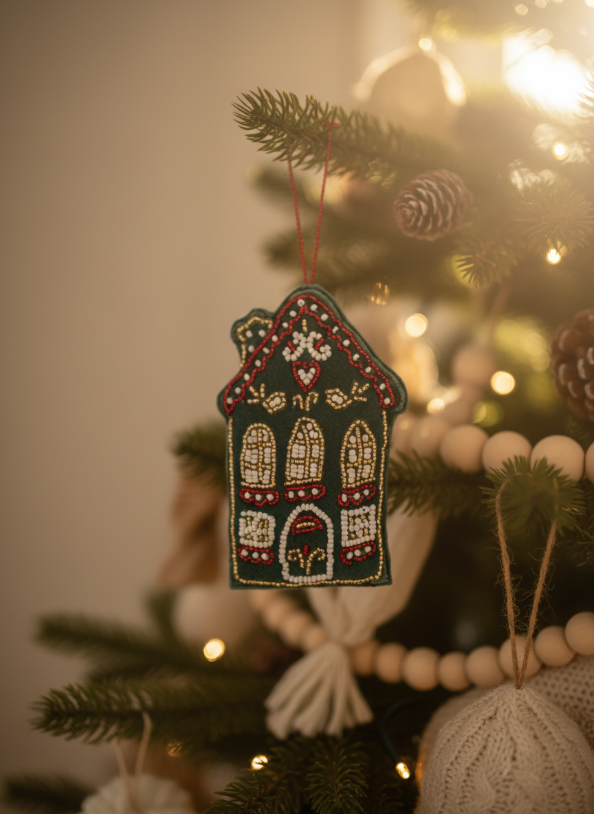 Gingerbread House Beaded Fabric Ornaments