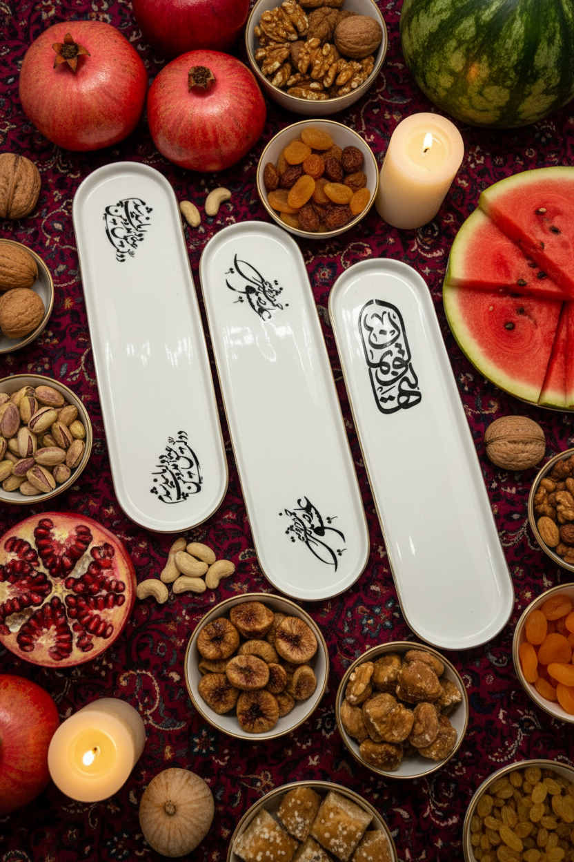 Decorative white trays with black designs on a table with fruits, nuts, and candles.