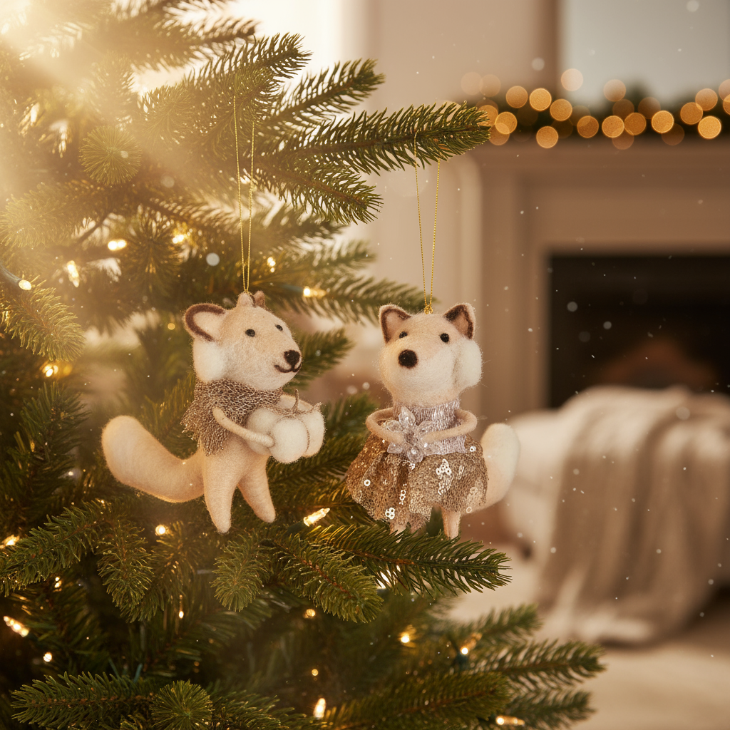 Elegant Woodland Fox Ornaments (Set of 2)