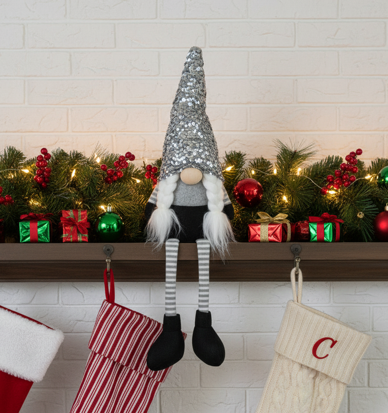 Sitting Christmas Gnome with Silver Sequin Hat | Glam Gonk