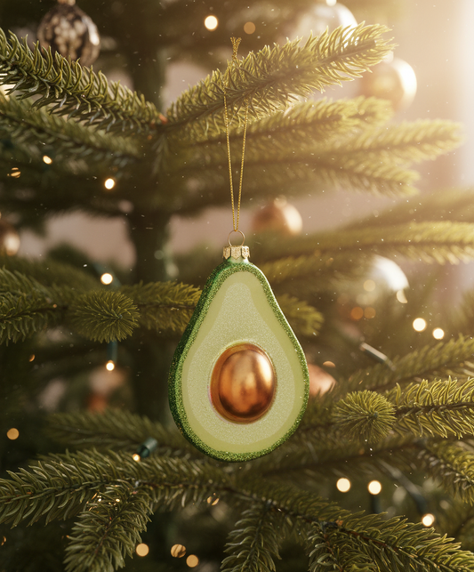 Avocado-shaped ornament with a gold center on a white background