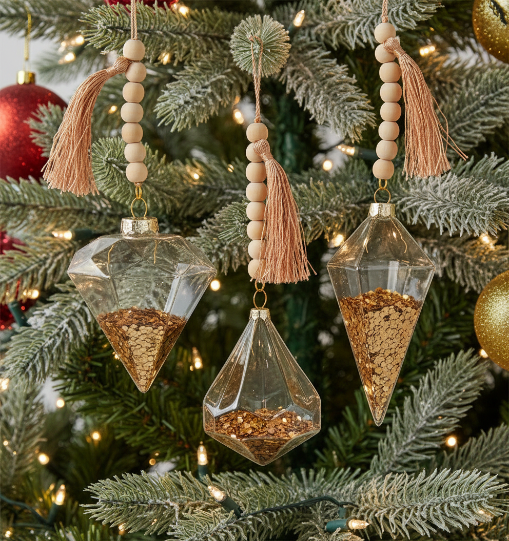 Glass, Glitter & Wooden Bead Ornaments.Set of 3