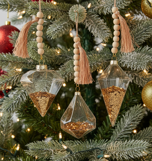 Glass, Glitter & Wooden Bead Ornaments.Set of 3