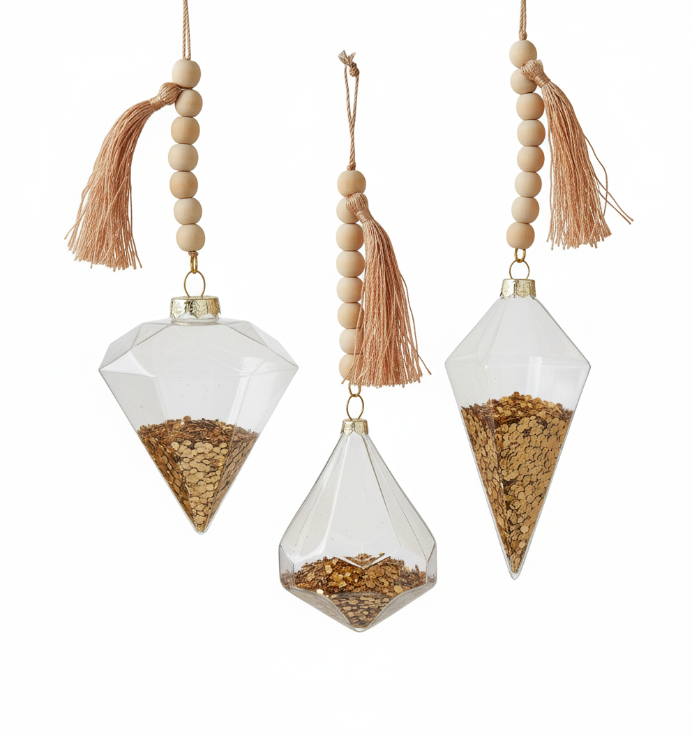 Glass, Glitter & Wooden Bead Ornaments.Set of 3