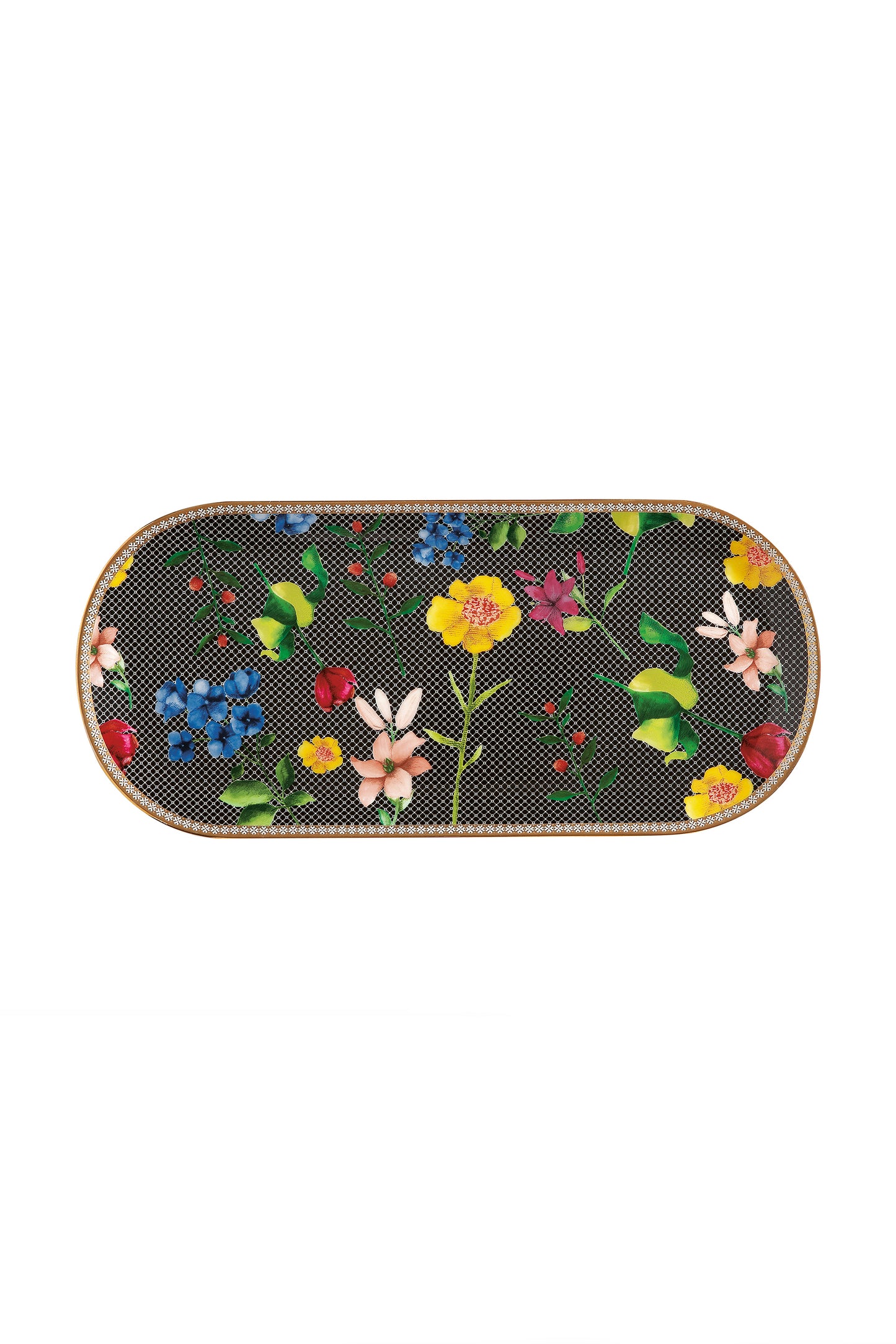 Floral Platter With Black Background | Medium Decorative Tray