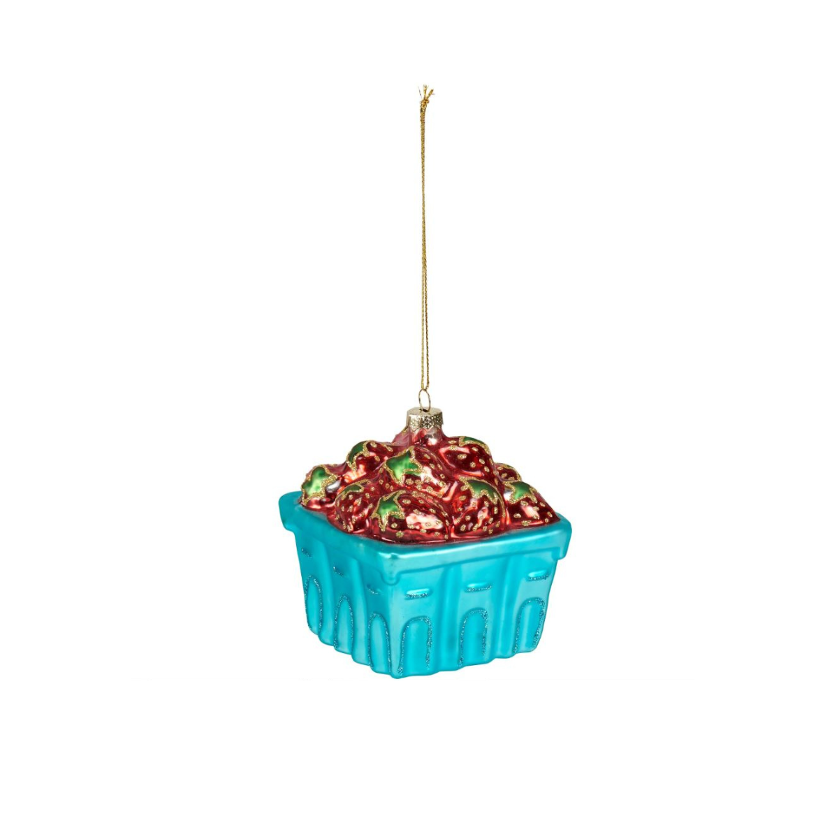 Glass Strawberry Basket Christmas Ornament with Glitter Accents