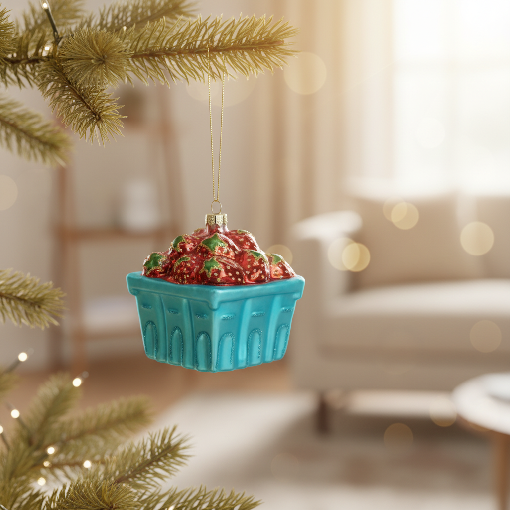 Glass Strawberry Basket Christmas Ornament with Glitter Accents