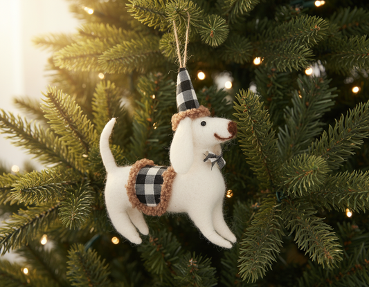 White Dog With Checkered Hat Ornament