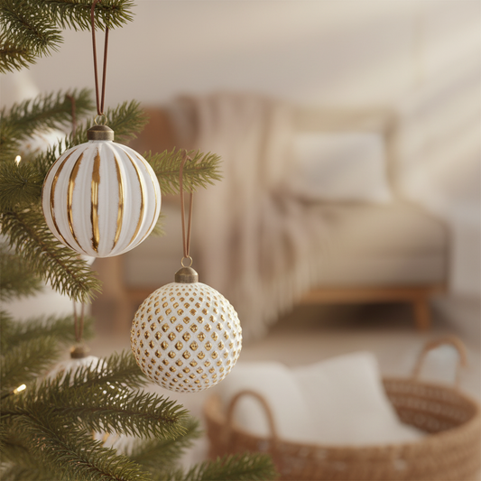 White Wash Glass Ball Ornaments With Gold Pattern