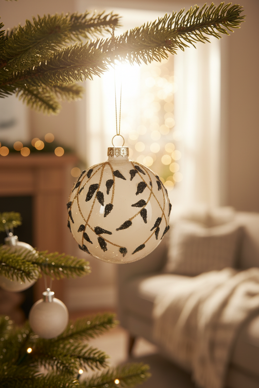 Decorative Christmas ornament with green leaves and gold branches