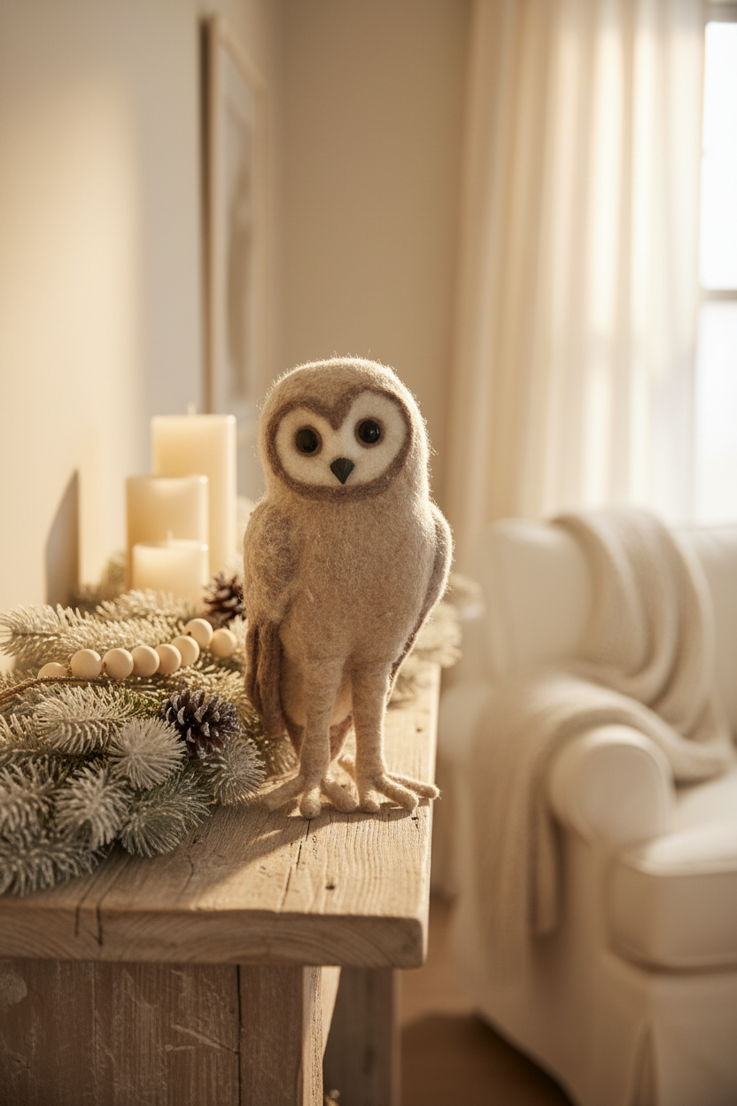 Ivory and Tan Wool Owl Decor