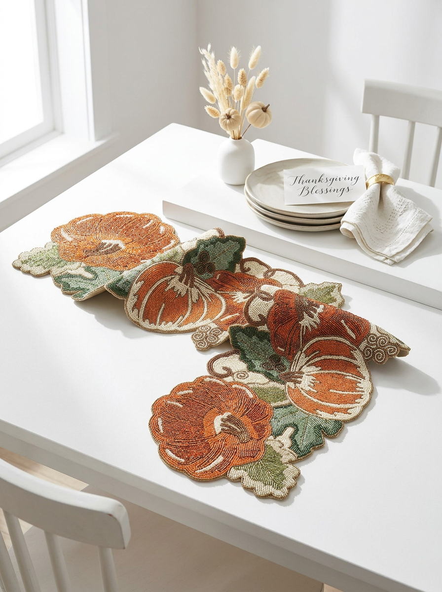 Beaded Pumpkin Table Runner | Thanksgiving Fall Table Decor, Autumn Centerpiece