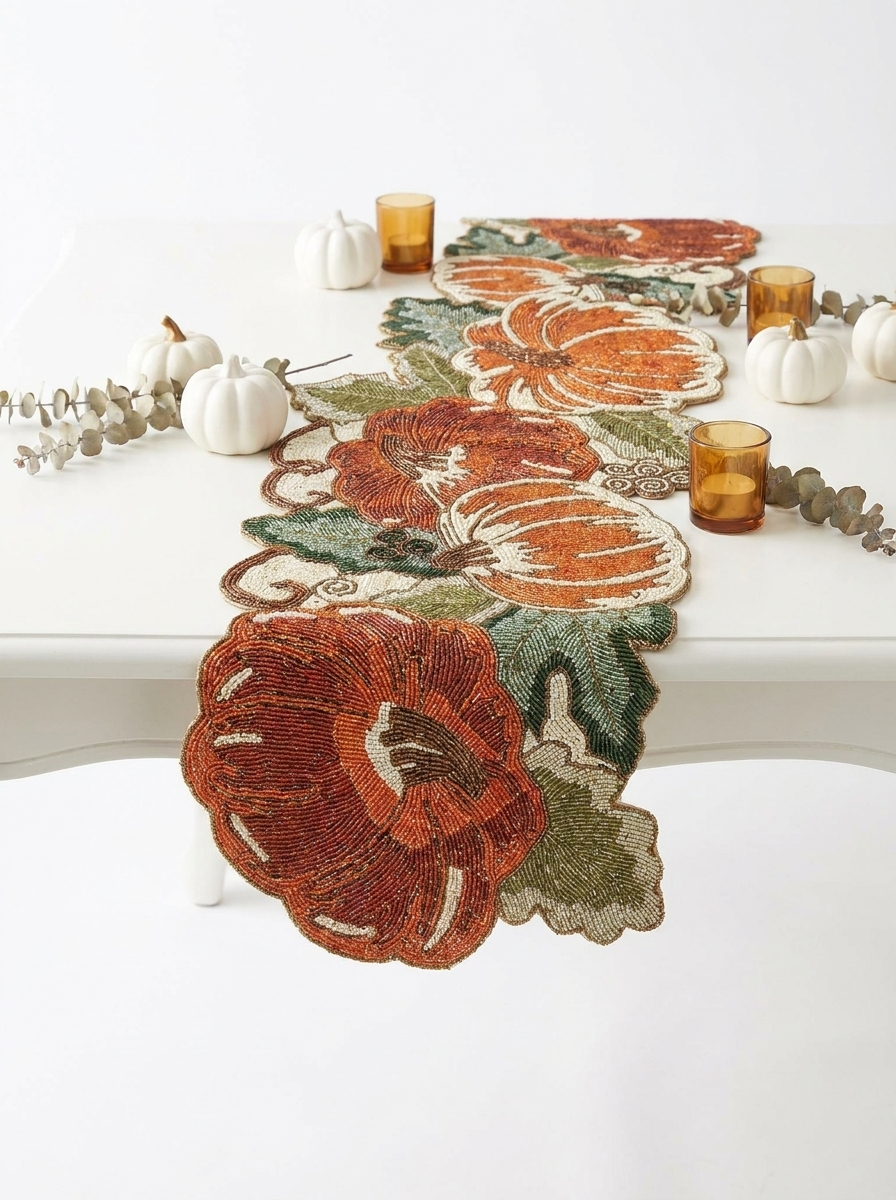 Beaded Pumpkin Table Runner | Thanksgiving Fall Table Decor, Autumn Centerpiece