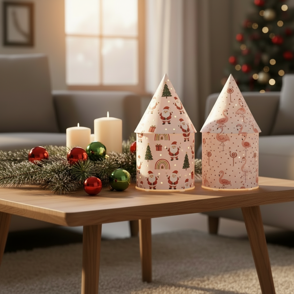 Set of 2 Battery-Operated LED Paper Christmas Lanterns – Assorted Designs
