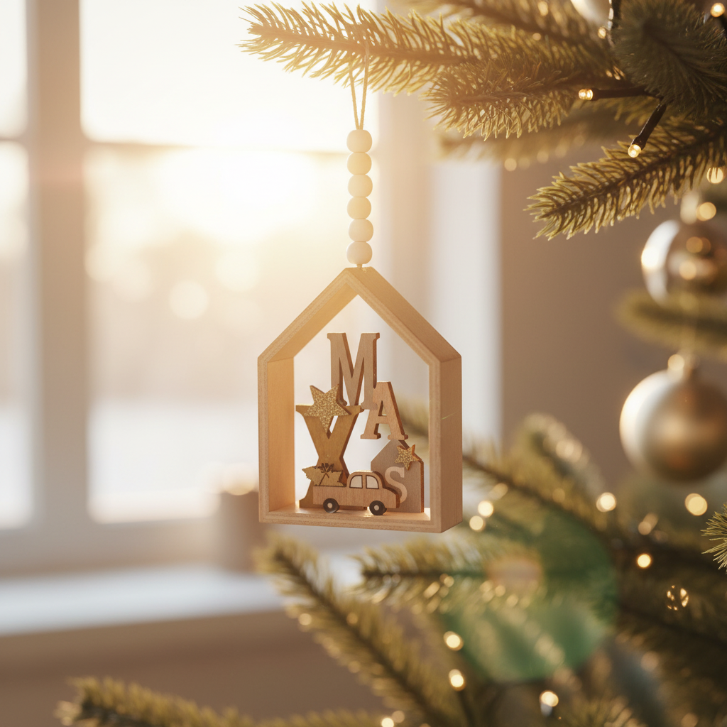 Wooden House And Car Ornament
