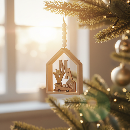 Wooden House And Car Ornament
