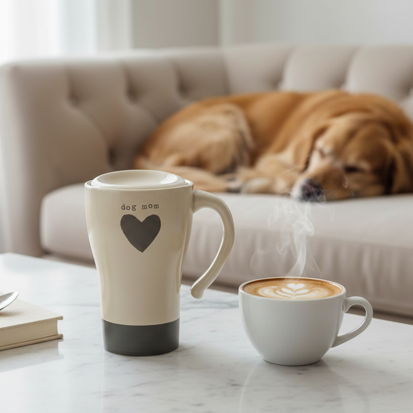 Dog Mom Stoneware Travel Mug with Lid | Demdaco Warm Heart Collection | 12oz Gift
