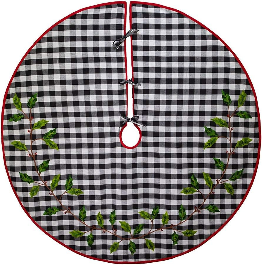 Buffalo Check Christmas Tree Skirt with Holly and Red Trim