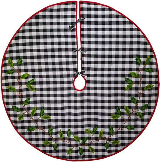 Buffalo Check Christmas Tree Skirt with Holly and Red Trim