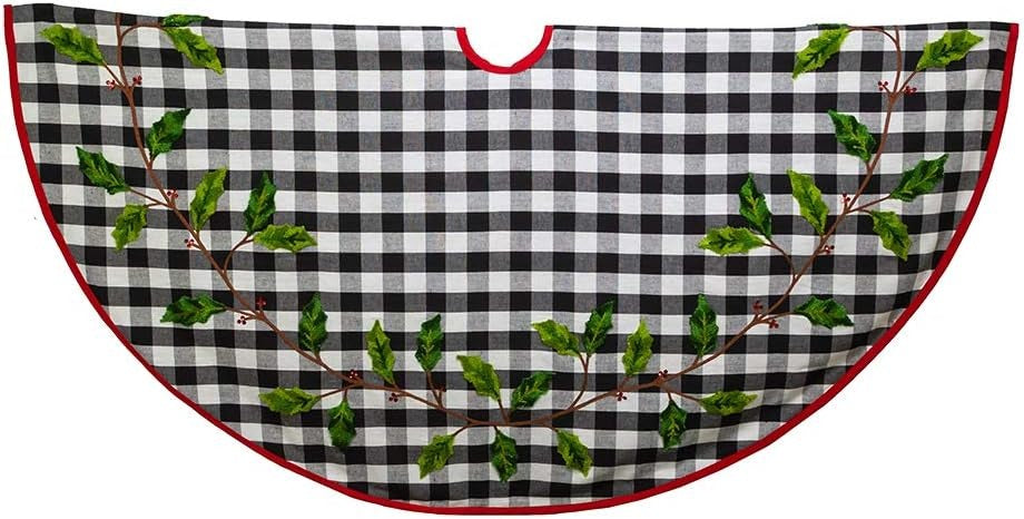 Buffalo Check Christmas Tree Skirt with Holly and Red Trim