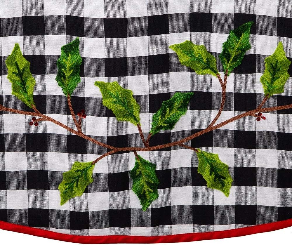 Buffalo Check Christmas Tree Skirt with Holly and Red Trim