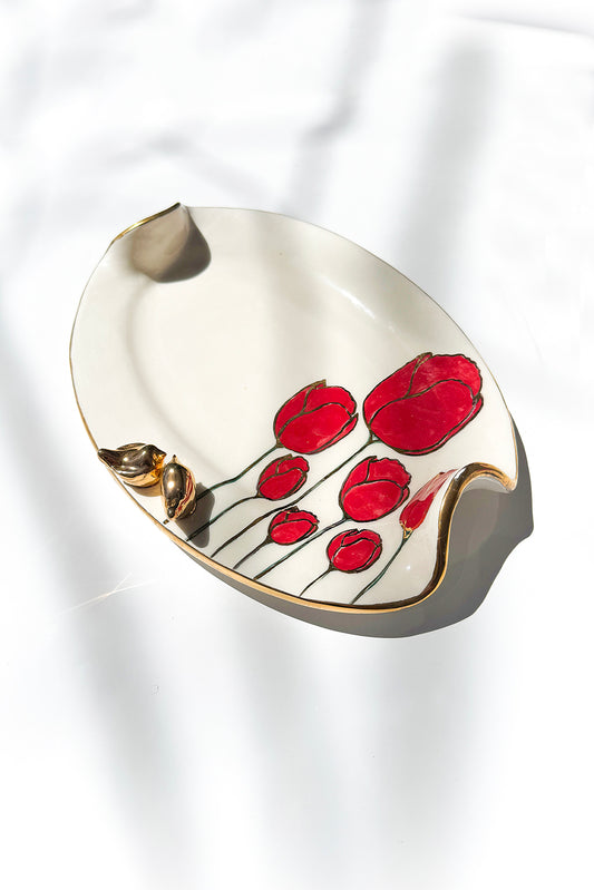 Red Tulip And Bird Oval Plate