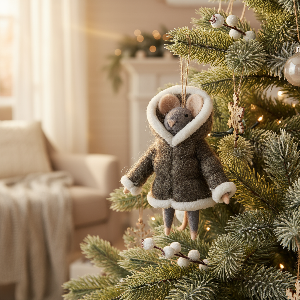 Decorative mouse ornament in a gray and white winter coat hanging on a Christmas tree.