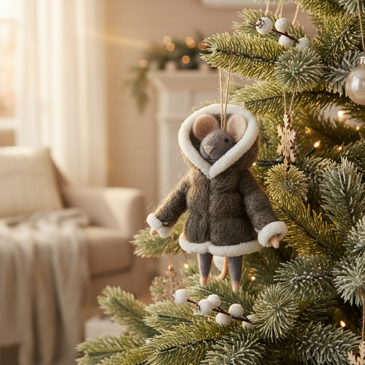 Decorative mouse ornament in a gray and white winter coat hanging on a Christmas tree.