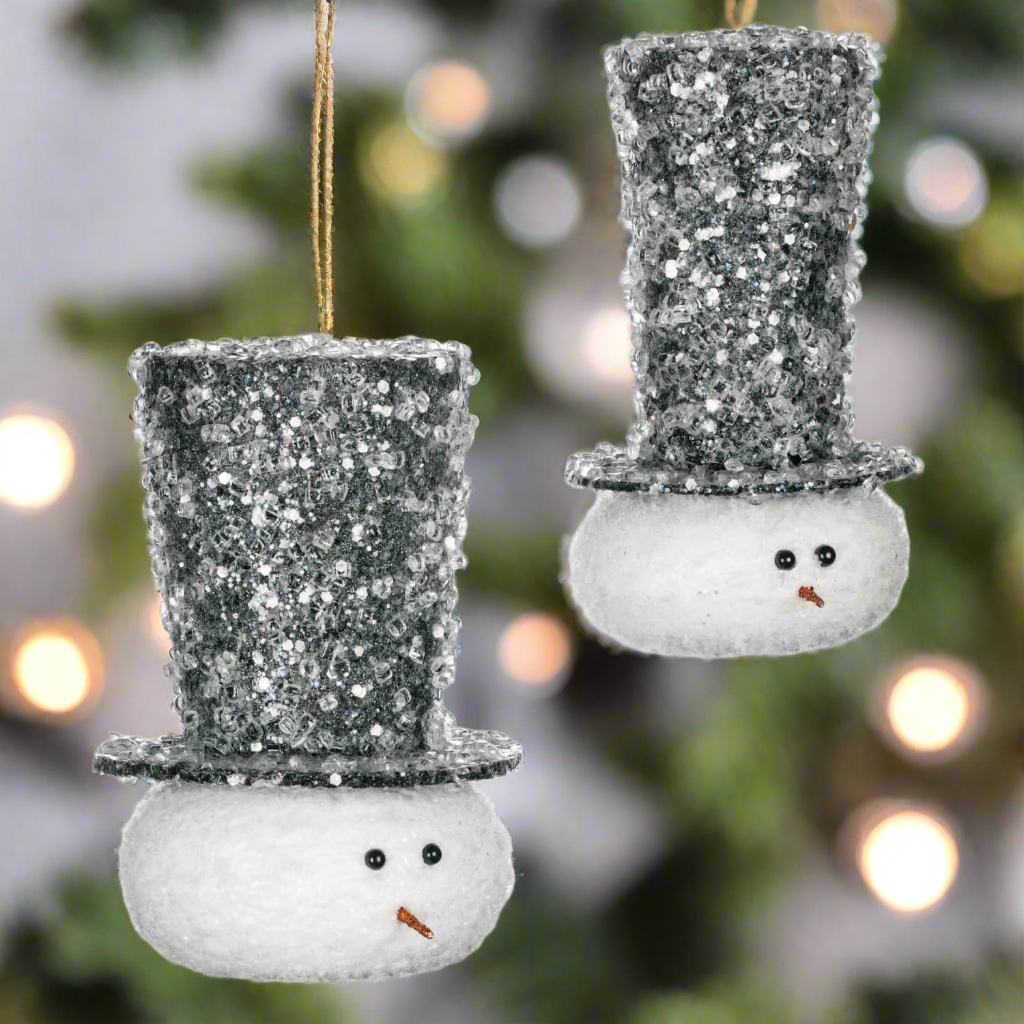 Sparkling Silver Snowman Ornament | Set of 2