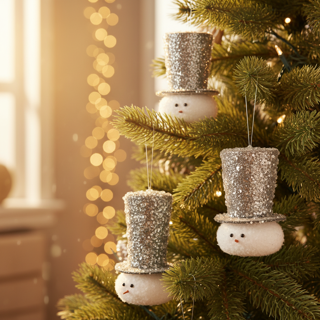 Two sparkling silver snowman ornaments with a top hat and a carrot nose, set against a white background.