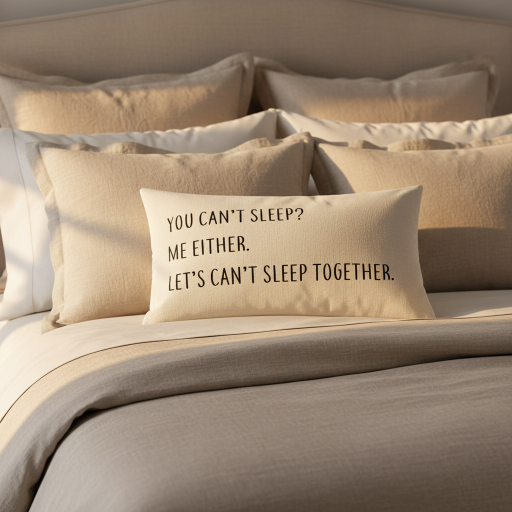 Beige pillow with humorous text on a white background