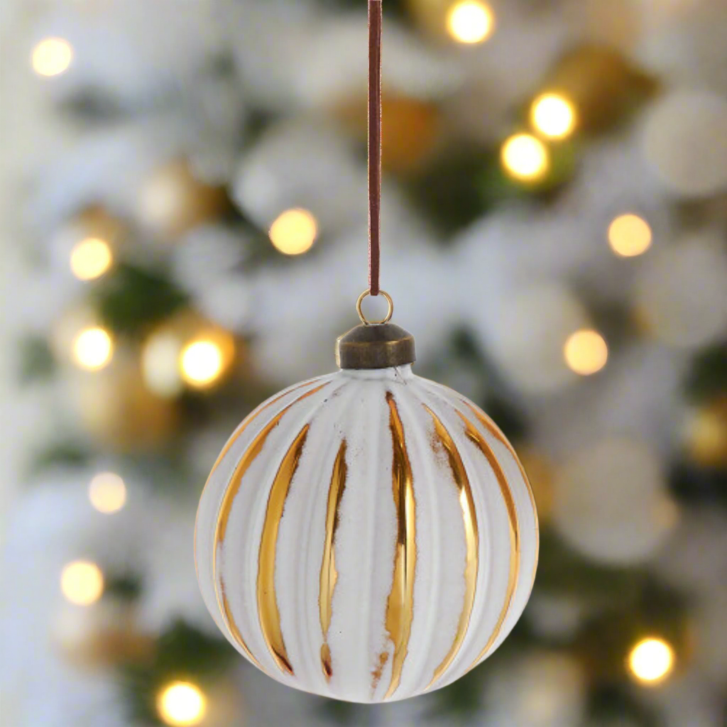 White Wash Glass Ball Ornaments With Gold Pattern