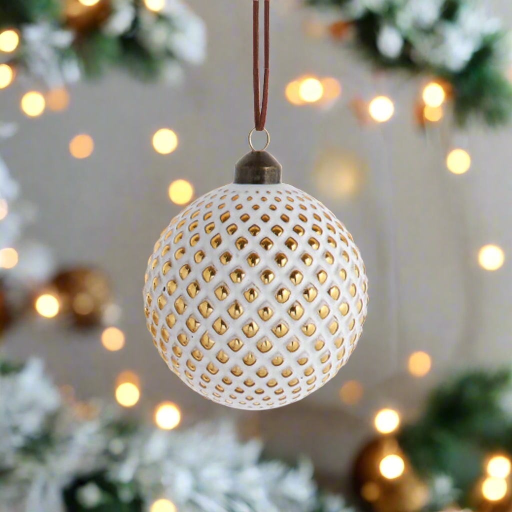 White Wash Glass Ball Ornaments With Gold Pattern