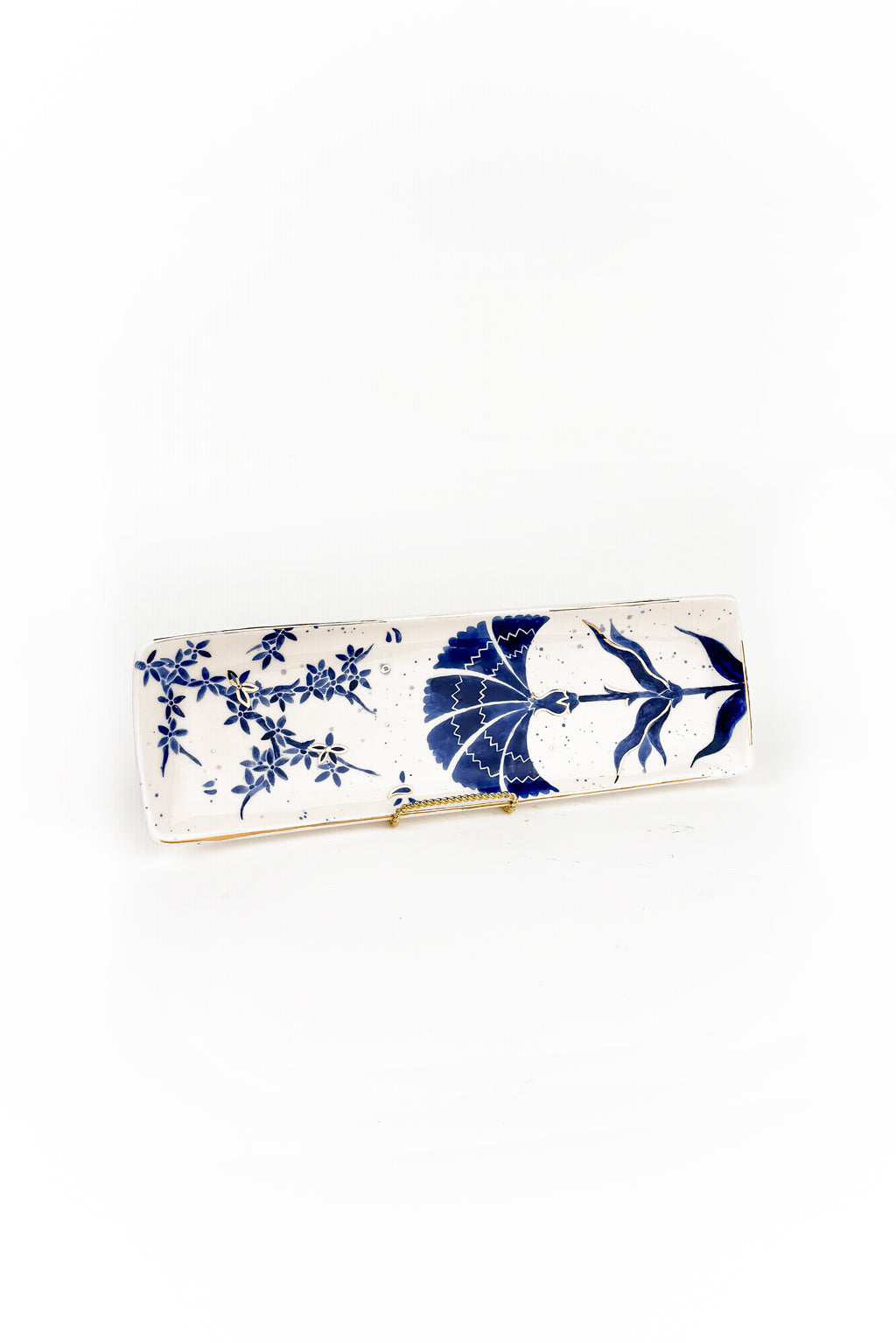 Floral Design Blue and White Rectangle Tray