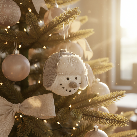 Herringbone Gray Hat Snowman Ornament