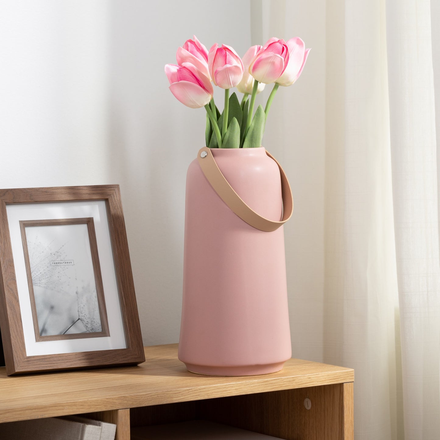 Matte Pink Ceramic Tapered Vase with Faux Leather Handle