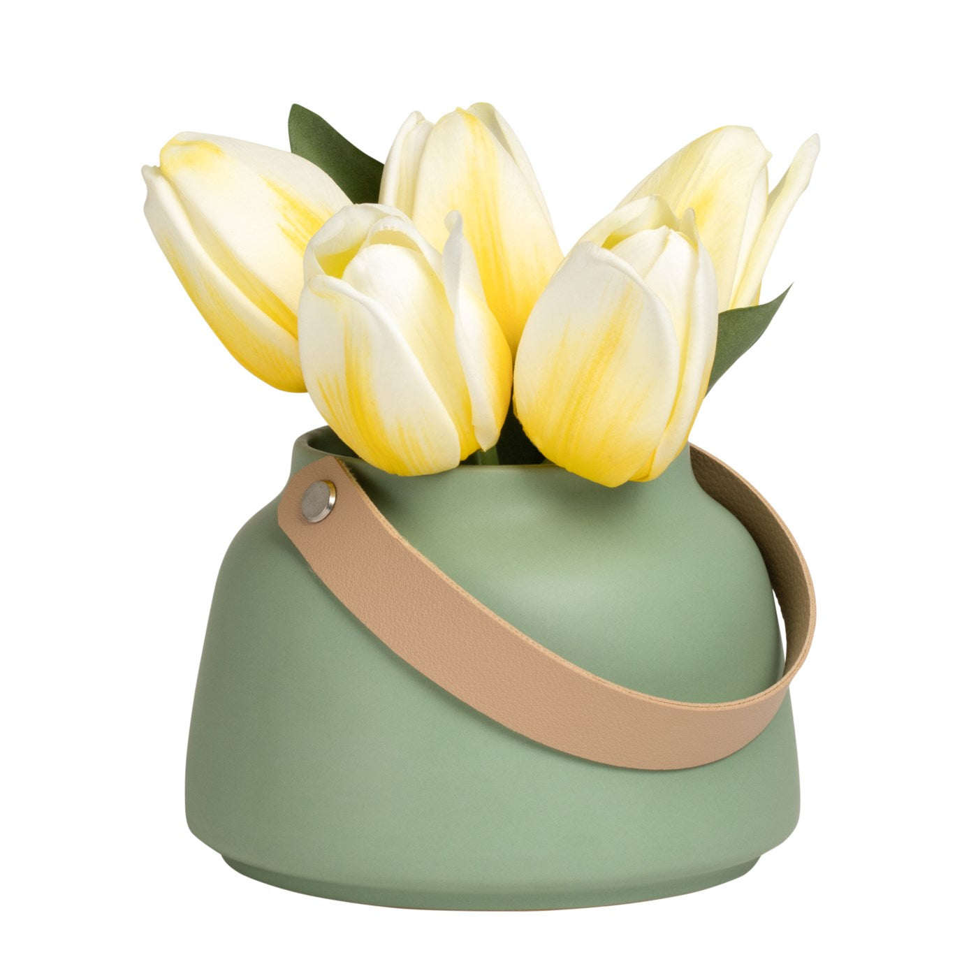 Matte Green Ceramic Tapered Vase with Faux Leather Handle