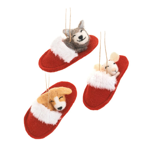 puppies in Santa's slippers Ornaments | Set of 3