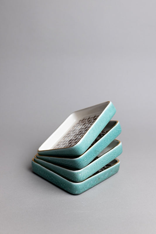 Square Ceramic Serving Plates | Turquoise And White With Black Prints | Set of 4