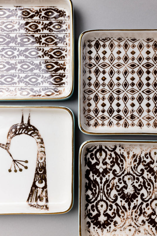 Square Ceramic Serving Plates | Turquoise And White With Black Prints | Set of 4