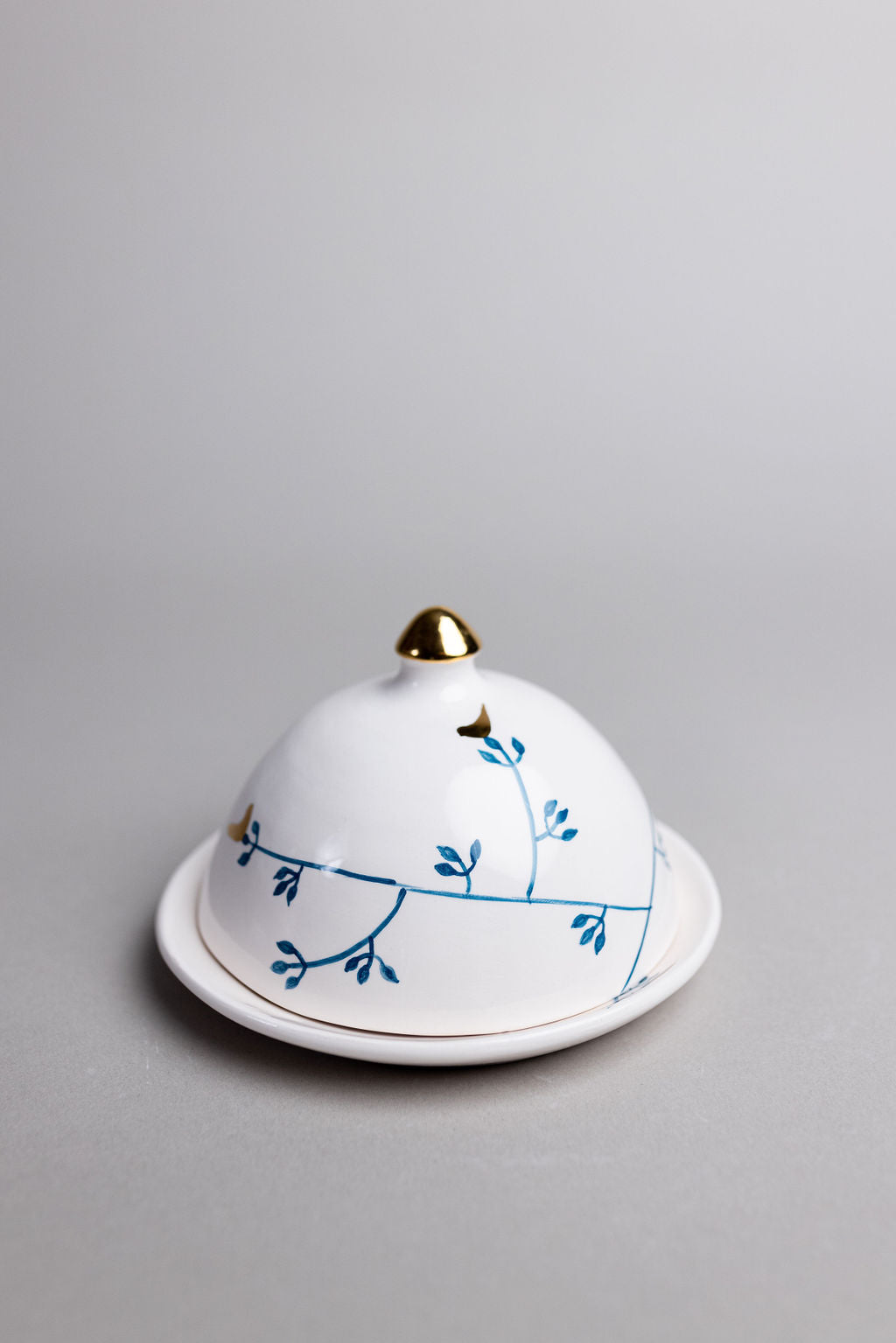 White, Blue And Gold Floral Butter Dish