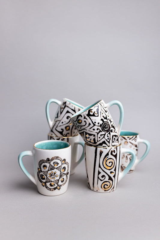 White And Turquoise Ceramic Mugs | Hand Made Black And Gold Pattern